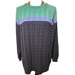 Lands' End Drifter Womens Navy Green Sweater Cotton Cable Knit Plus 2X 20W-22W